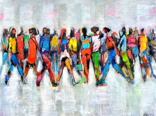 Group of pedestrians walking in city