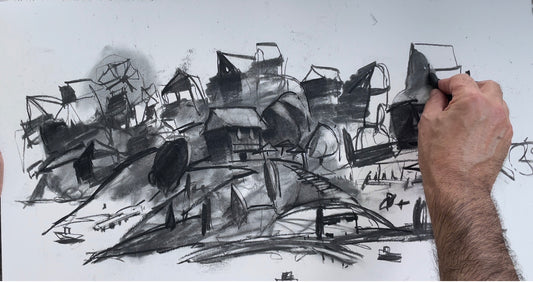 Fishing village, Charcoal drawing