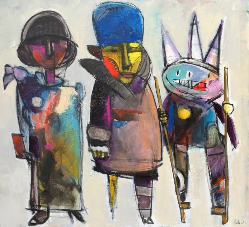 a large canvas with three fun crazy figures on an off white background, A mother,th =e grandmother and a young boy on stilts. eye catching and cute
