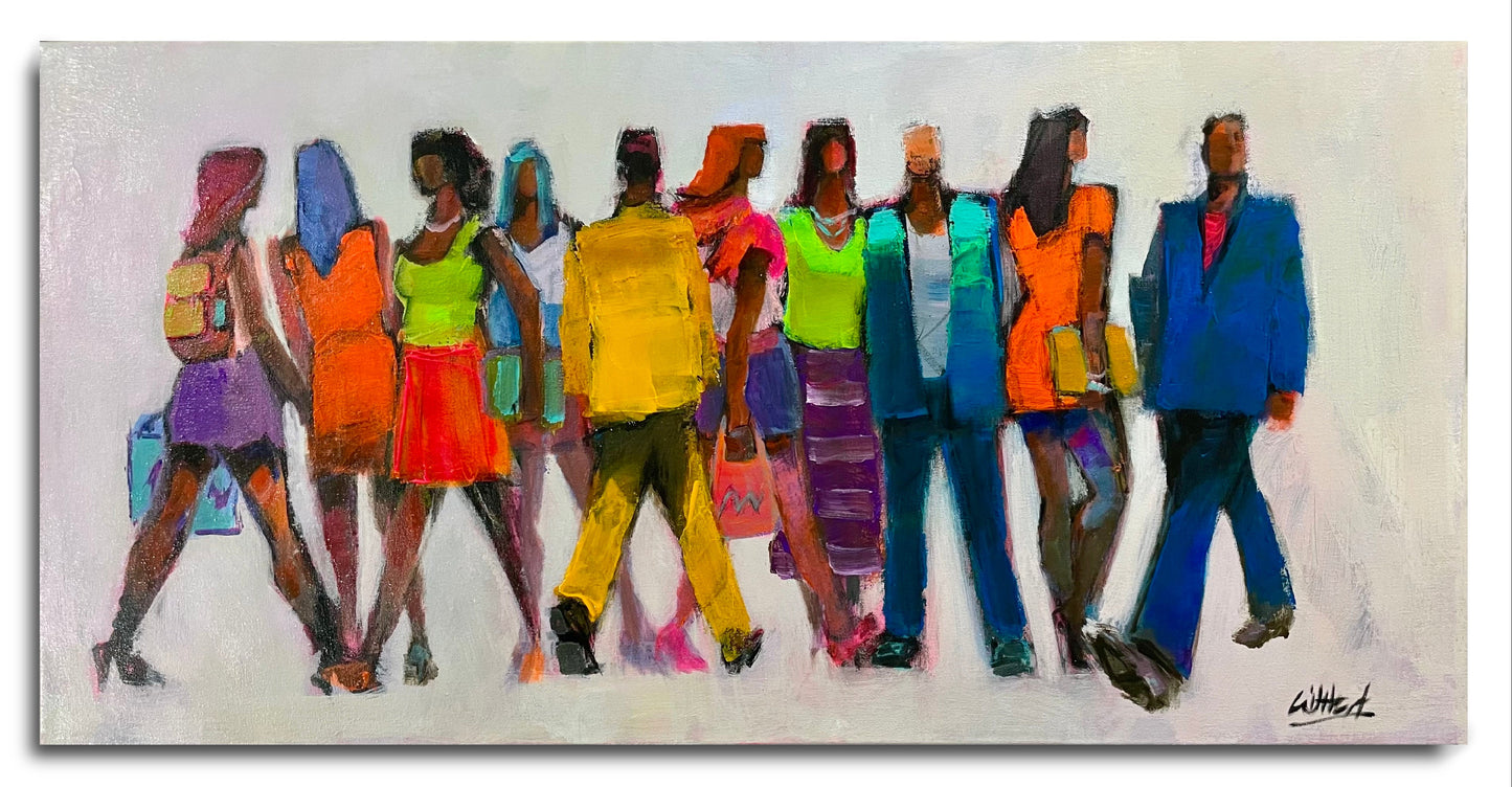 Move – Original abstract painting by Allen Wittert. A vibrant contemporary artwork featuring expressive figures in motion, painted in rich acrylic tones on canvas.