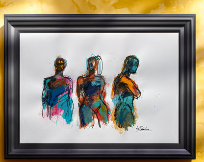 Three figures in acrylic and marker