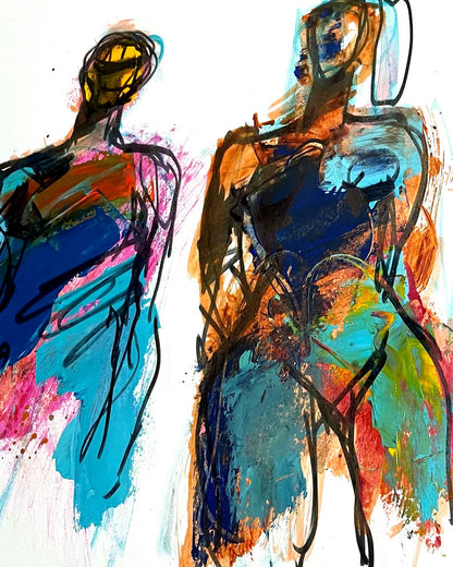Three figures in acrylic and marker